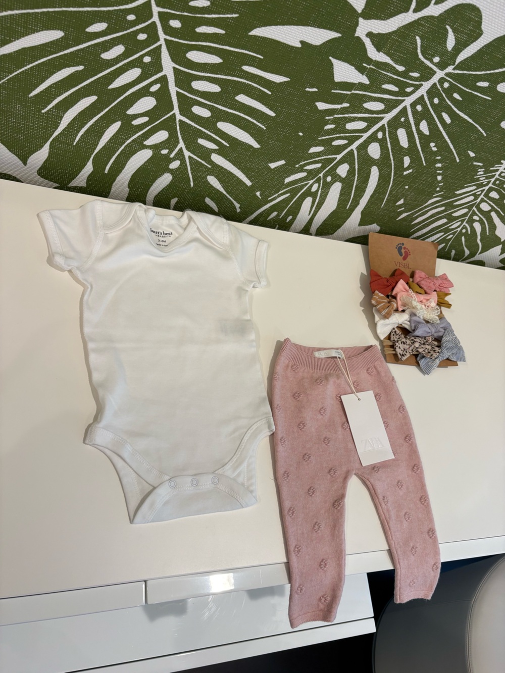 Zara Pink Knit Pants with Burt’s Bees White Cotton Bodysuit & Bows